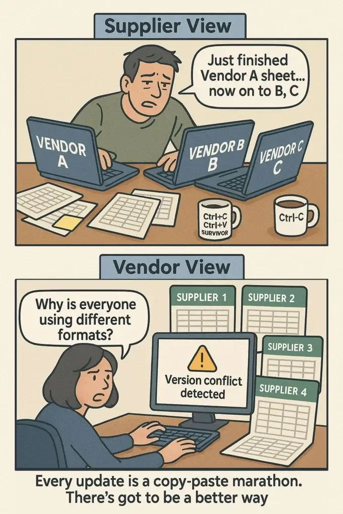 Cartoon depicting a stressed supplier managing data from different vendors and a frustrated vendor facing version conflicts and manual data entry from multiple suppliers, highlighting data management challenges in business.