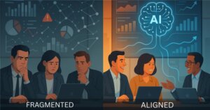Split image contrasting frustrated teams with fragmented data versus aligned teams with unified, AI-powered insights. Highlights the critical role of data foundation in successful enterprise AI, reducing frustration and building trust.