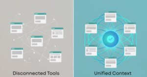 Before-and-after graphic showing how data federation transforms disconnected enterprise tools into a unified, governed system with shared context.
