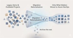 Abstract illustration of a filtering process showing some items being selected for Azure DevOps migration while unnecessary items are removed.