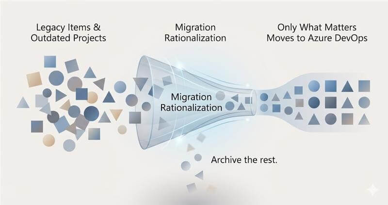 Abstract illustration of a filtering process showing some items being selected for Azure DevOps migration while unnecessary items are removed.