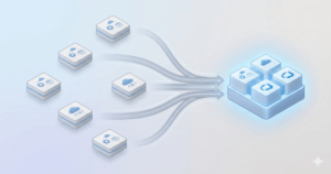 Diagram-style illustration of several separate Azure DevOps instances converging into one centralized and structured environment.