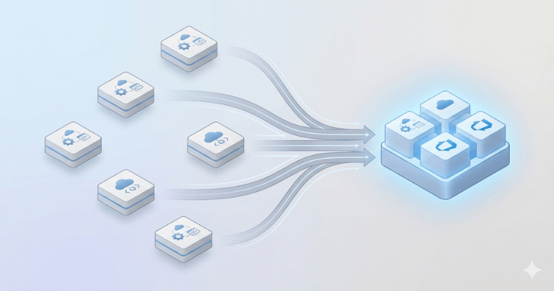Diagram-style illustration of several separate Azure DevOps instances converging into one centralized and structured environment.